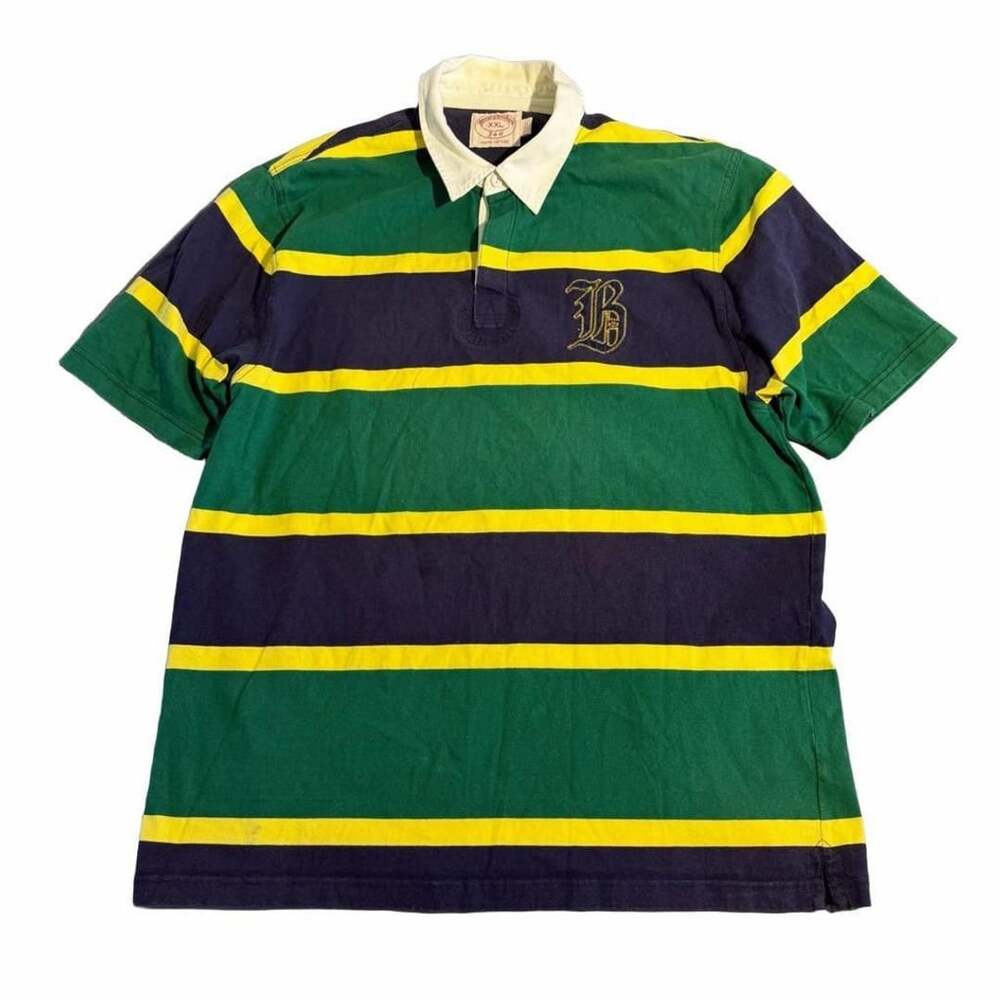 Brooks Brothers 346 Rugby Polo Shirt Size XXL Green Yellow Striped Cotton